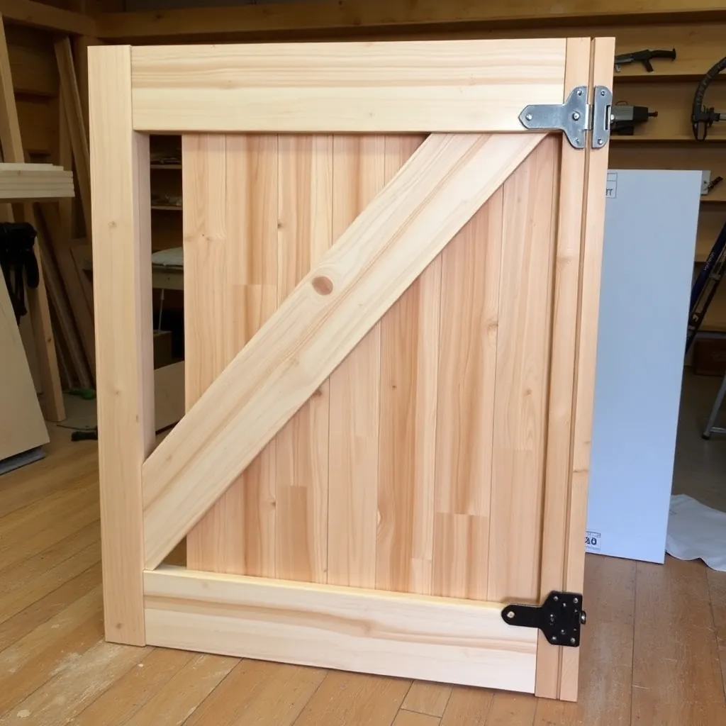 Installing the diagonal Z-brace on a cedar gate frame, running from lower hinge to upper latch corner