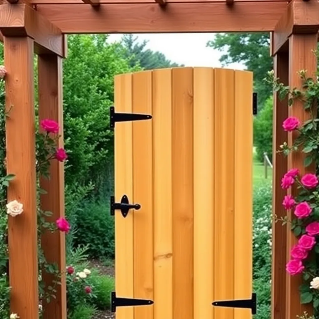 Finished cedar garden gate with black strap hinges and thumb latch hung in a garden arbor