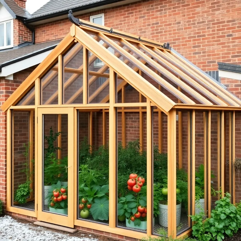 Large attached greenhouse sharing gable wall with brick house with cedar framing polycarbonate and plants inside