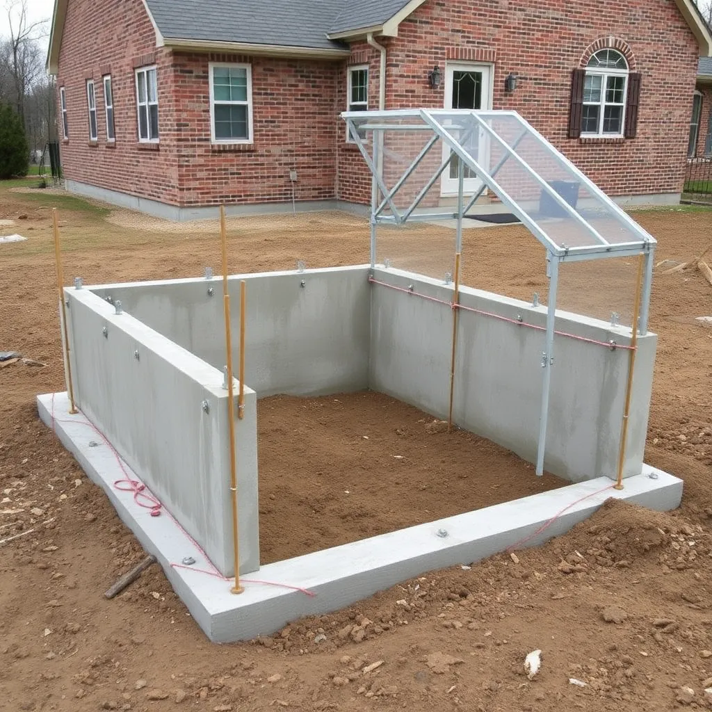Concrete stem wall forms being set for attached greenhouse with J-bolts and string perimeter layout