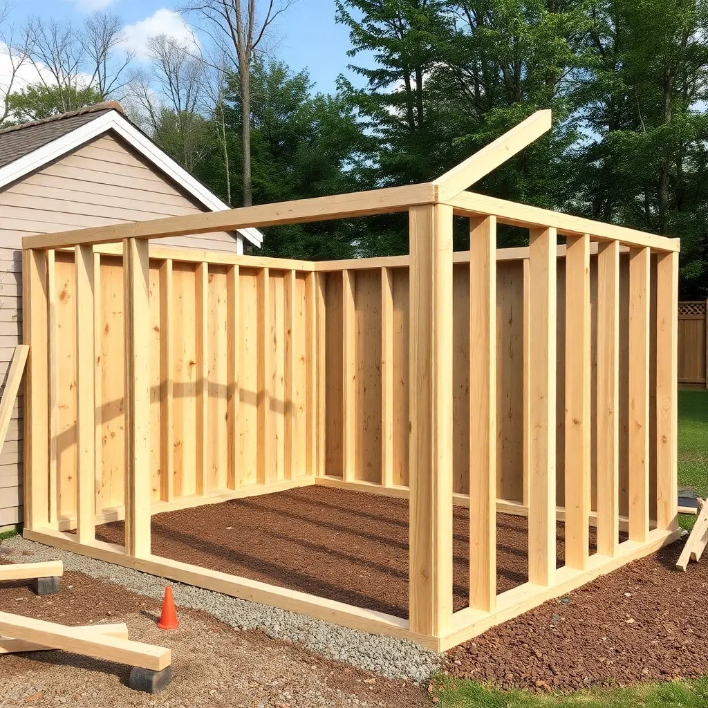 Cedar 2x4 greenhouse side walls 14 feet long being framed standing with studs on 16-inch centers