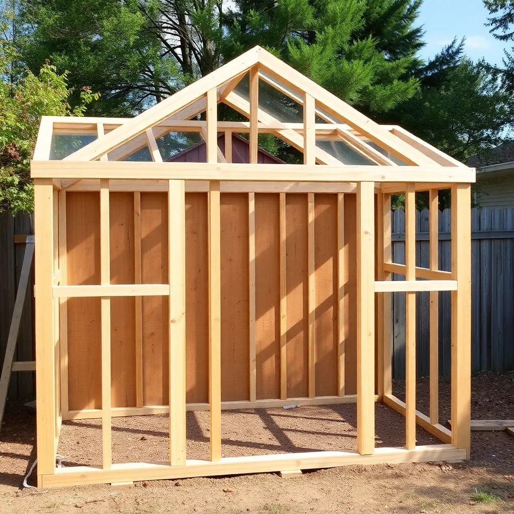 Cedar 2x4 attached greenhouse gable end wall with triangular gable above and centered door opening