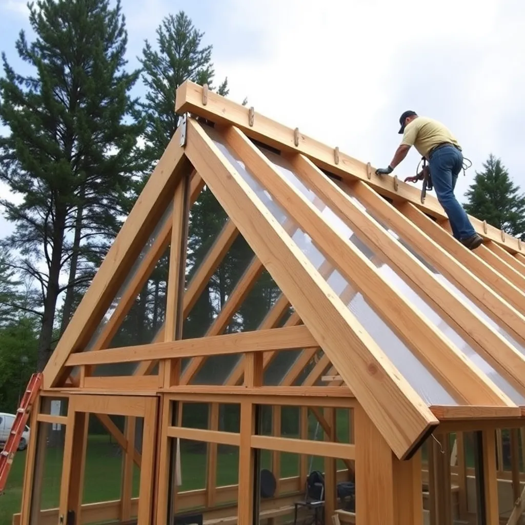 Cedar rafters being installed on attached greenhouse at 6:12 pitch with hurricane ties and rafter hangers