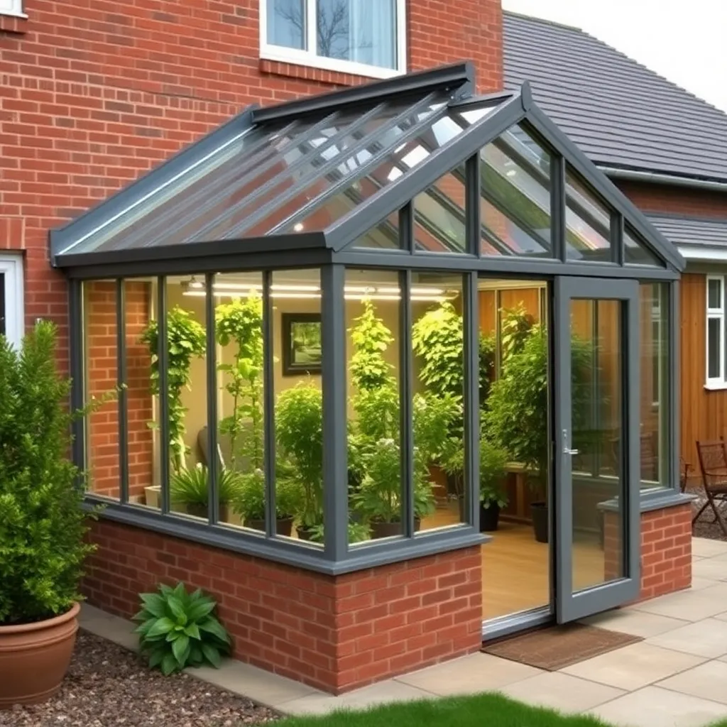 Completed attached greenhouse sharing wall with brick house with polycarbonate panels ridge vents and plants inside