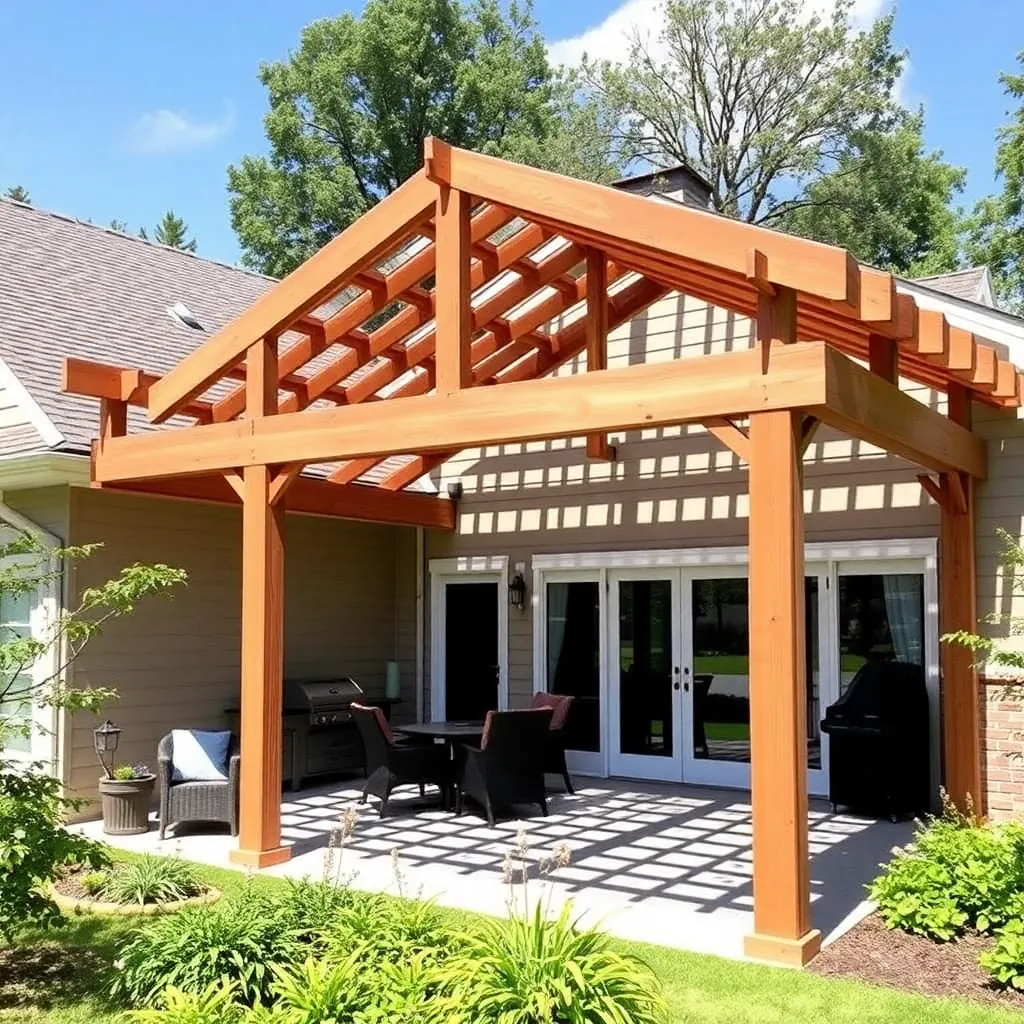 DIY cedar attached pergola extending from house back wall over a sunny patio with furniture