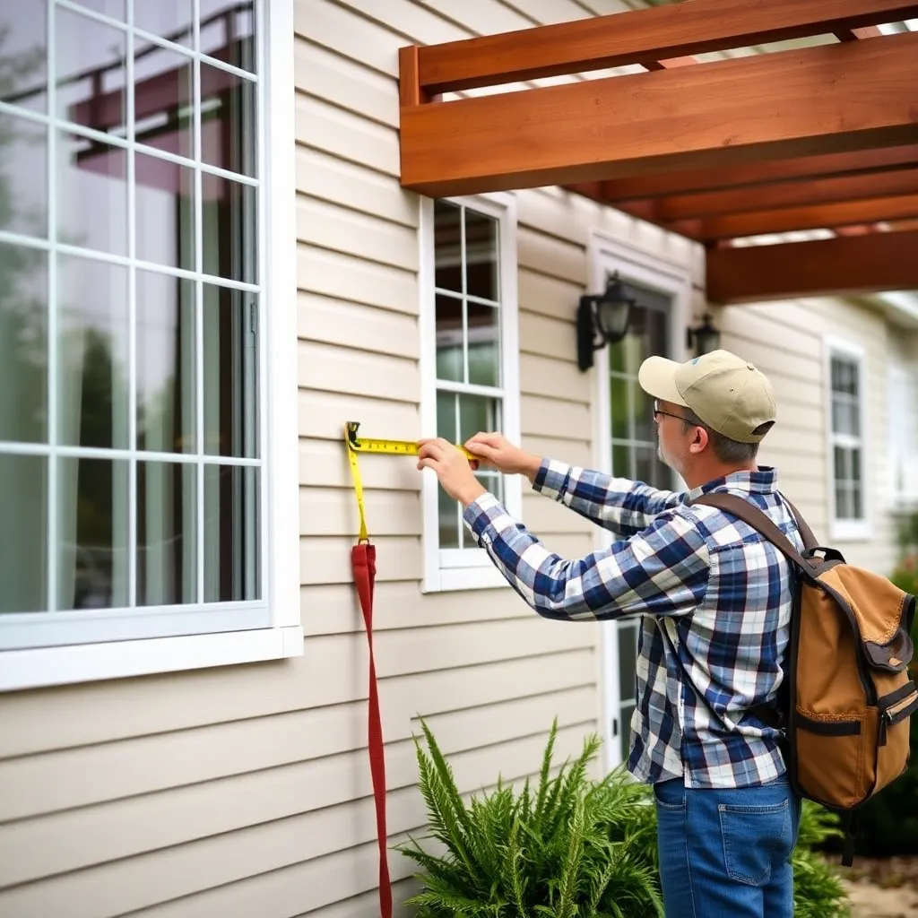 Homeowner inspecting exterior house wall and measuring for an attached pergola ledger board