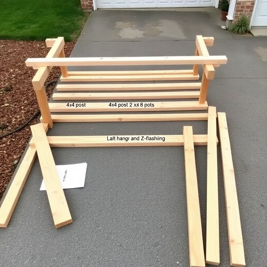 Cedar lumber and hardware for a DIY attached pergola including ledger board and Z-flashing