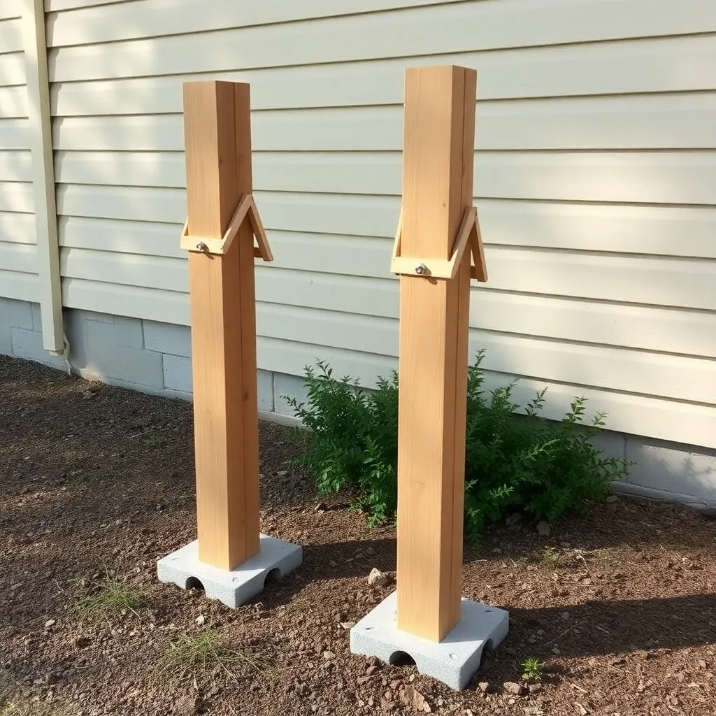 Cedar front posts set in post bases 10 feet from house wall with temporary braces for attached pergola