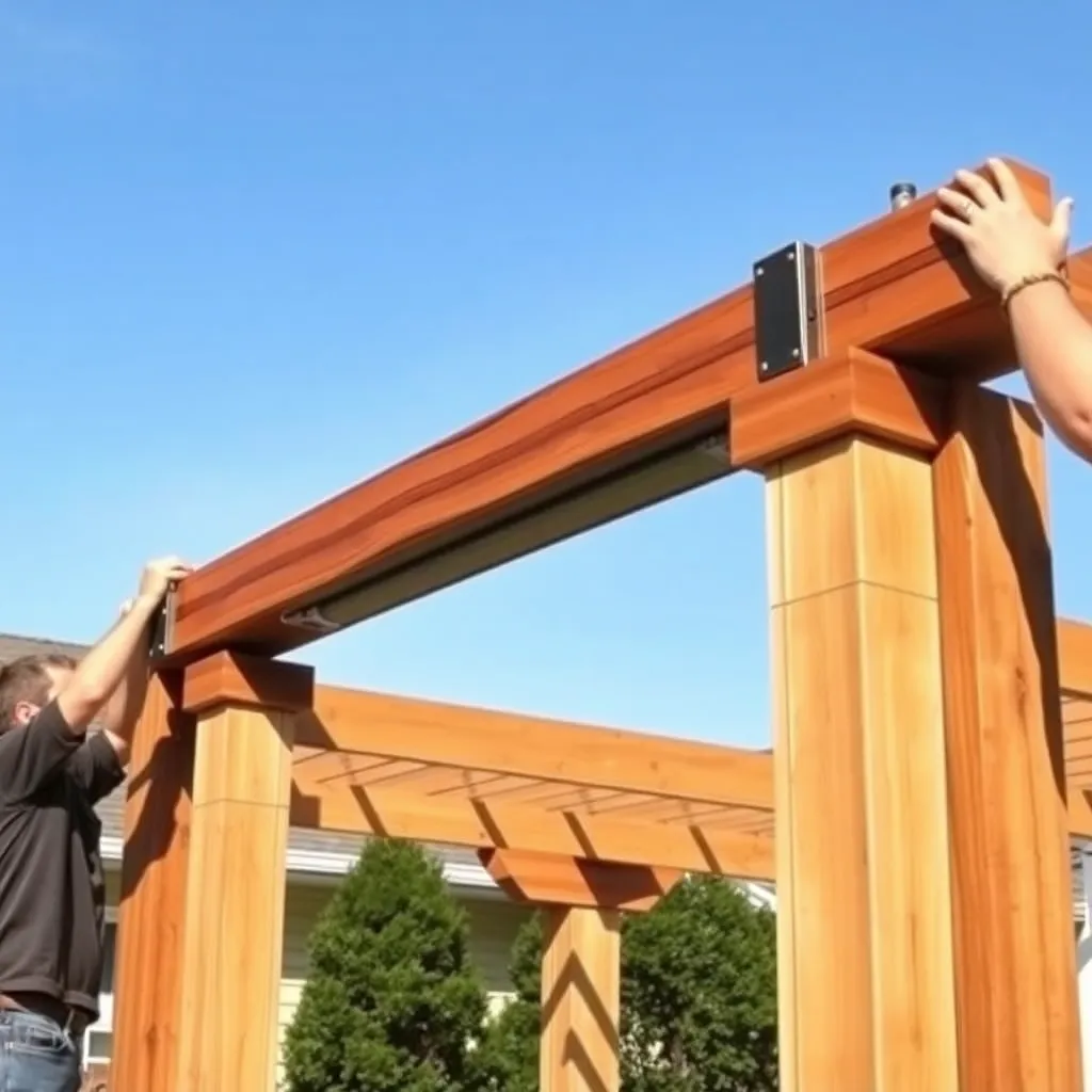 Two people lifting a doubled cedar front beam onto post caps for an attached pergola