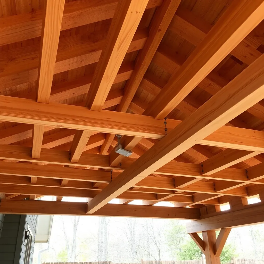 Cedar rafters with joist hangers on ledger board spanning to front beam of attached pergola