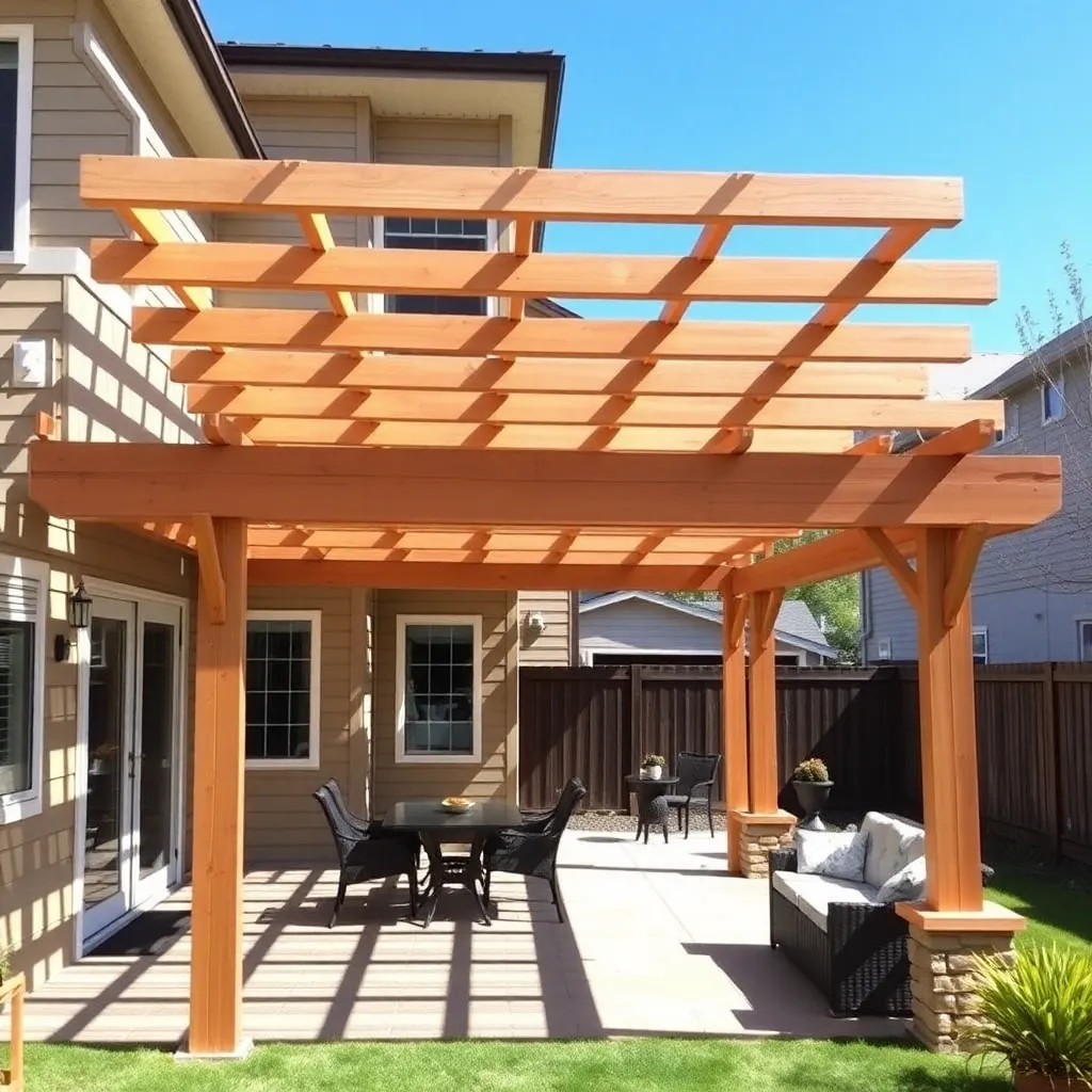 Finished DIY cedar attached pergola extending from house over a patio with outdoor furniture