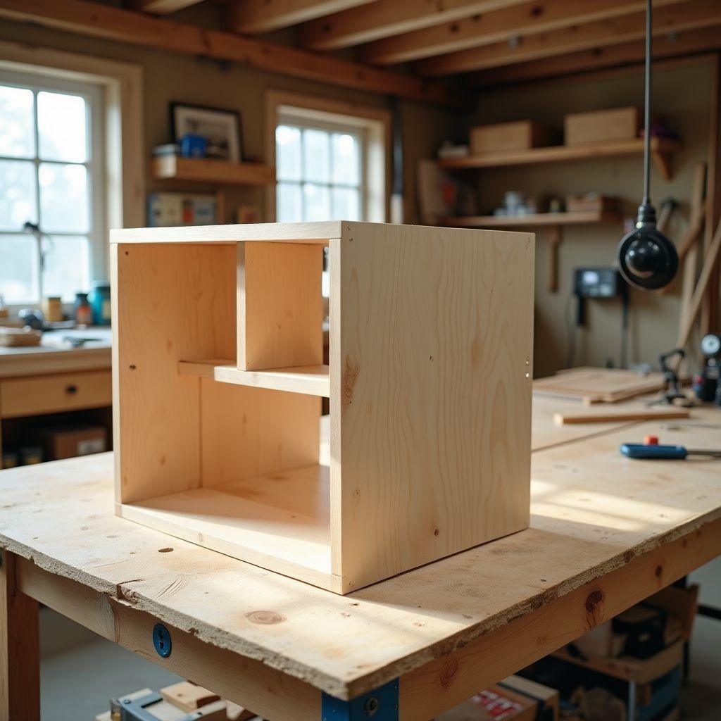 DIY kitchen base cabinets being built in a home workshop