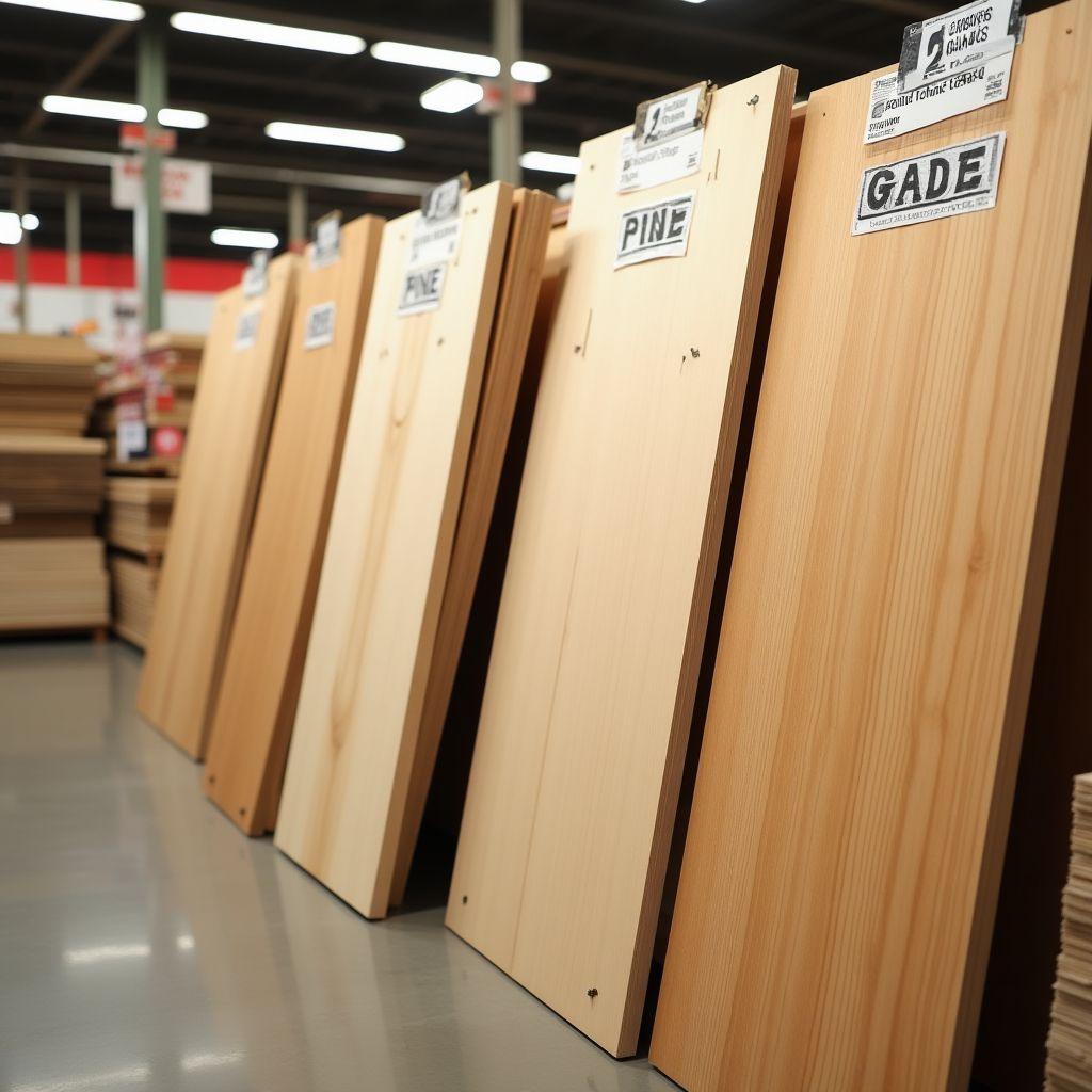 Sheets of plywood in a home improvement store lumber aisle