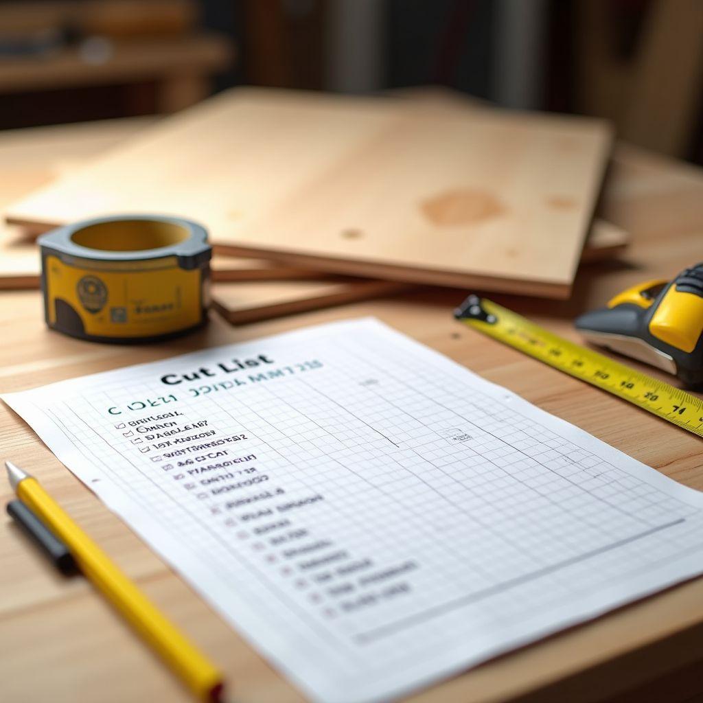 Handwritten cut list on graph paper next to tape measure