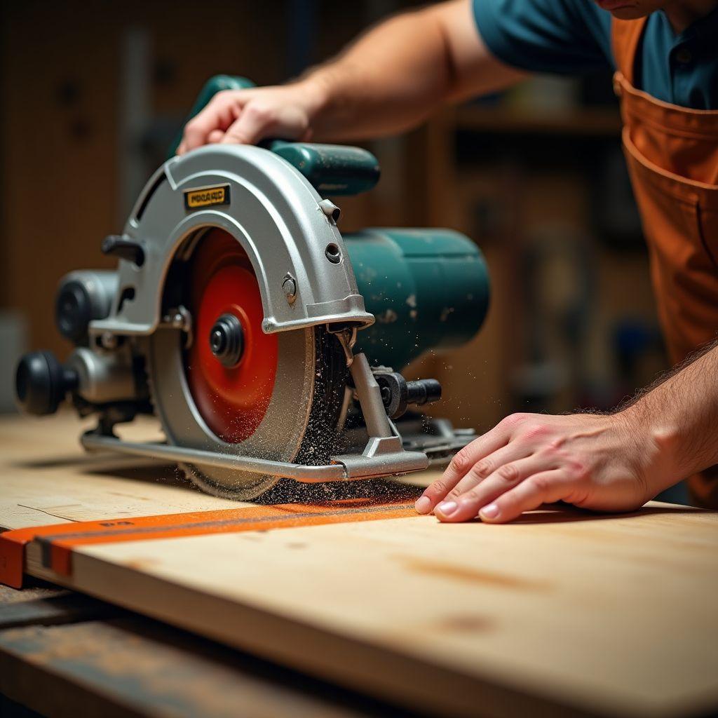 Circular saw cutting plywood with straightedge guide