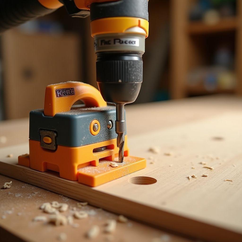 Kreg pocket hole jig drilling into plywood cabinet side