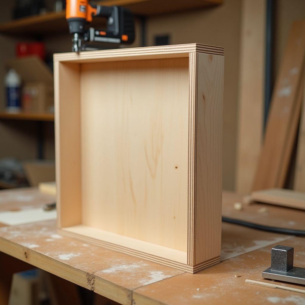 Plywood back panel being brad nailed onto cabinet box frame
