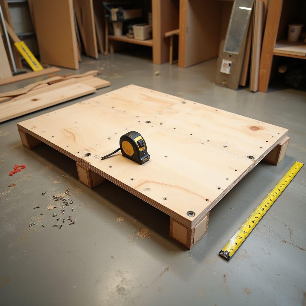 Plywood toe kick platform base being assembled on workshop floor