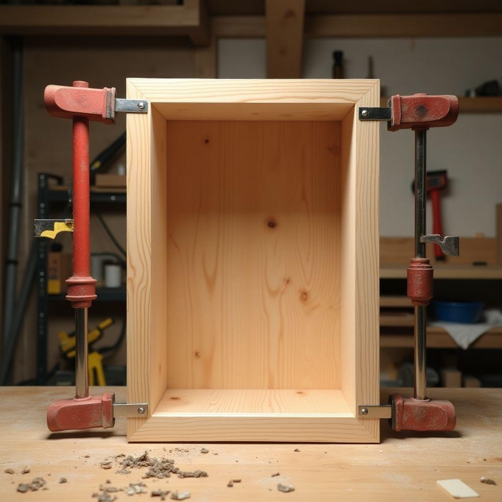 Wooden face frame being attached to front of plywood cabinet