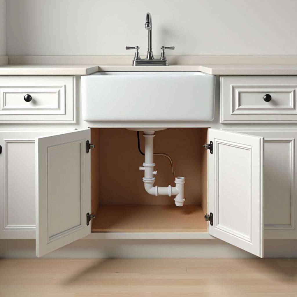 Open bottom sink base cabinet showing plumbing access space
