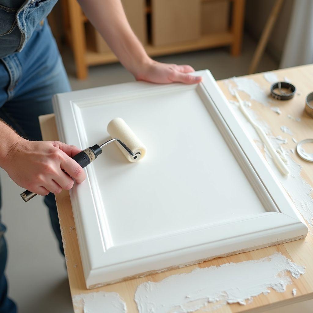 Person painting cabinet door white with foam roller