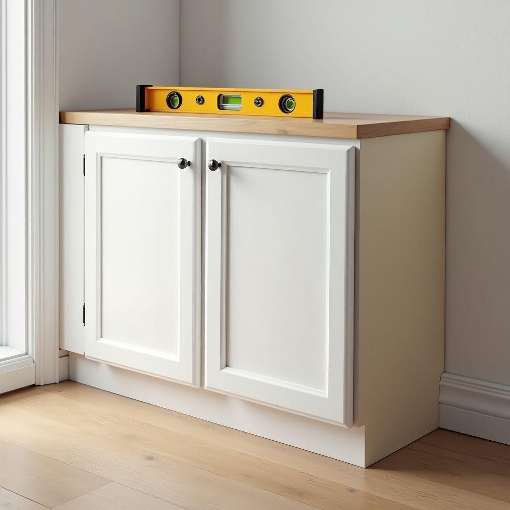 White painted base cabinet being installed against kitchen wall