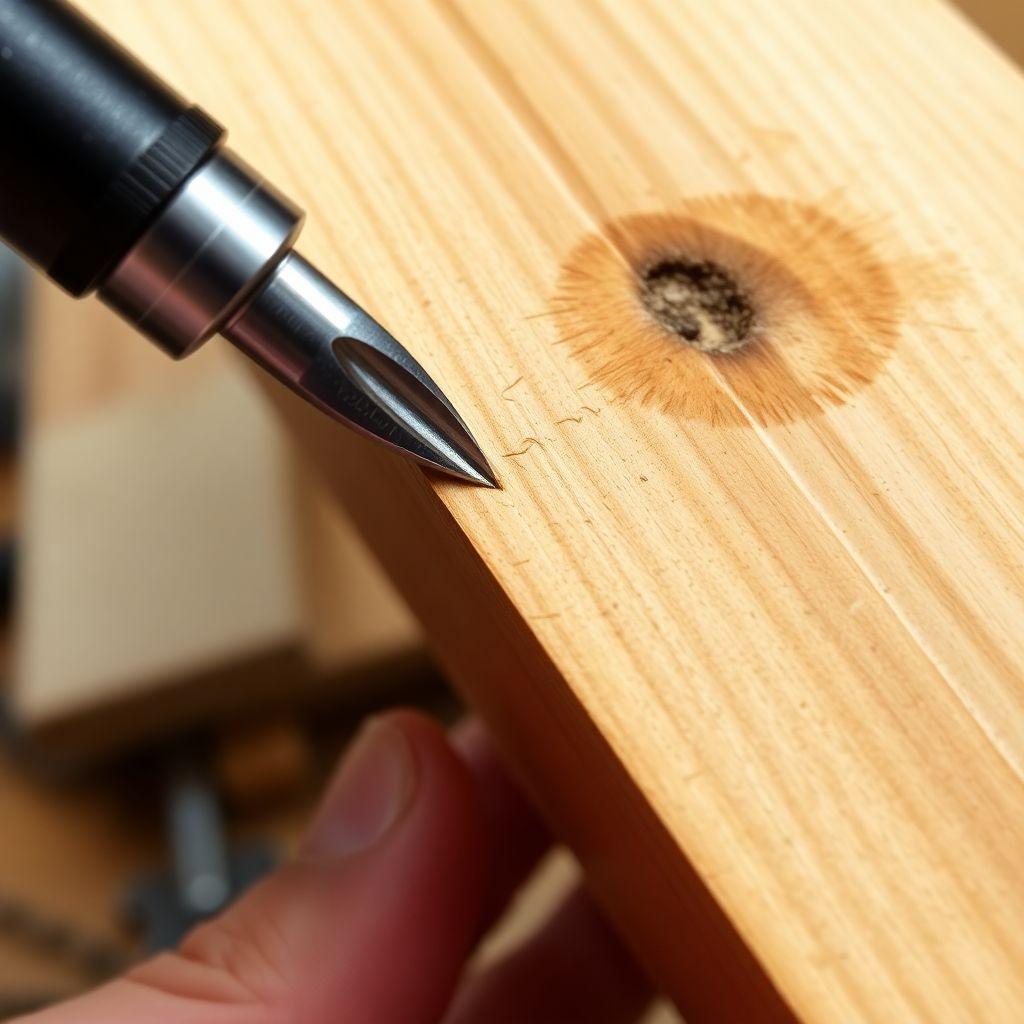 Pine board end grain with U-shaped prong test cut showing case hardening stress in kiln-dried lumber