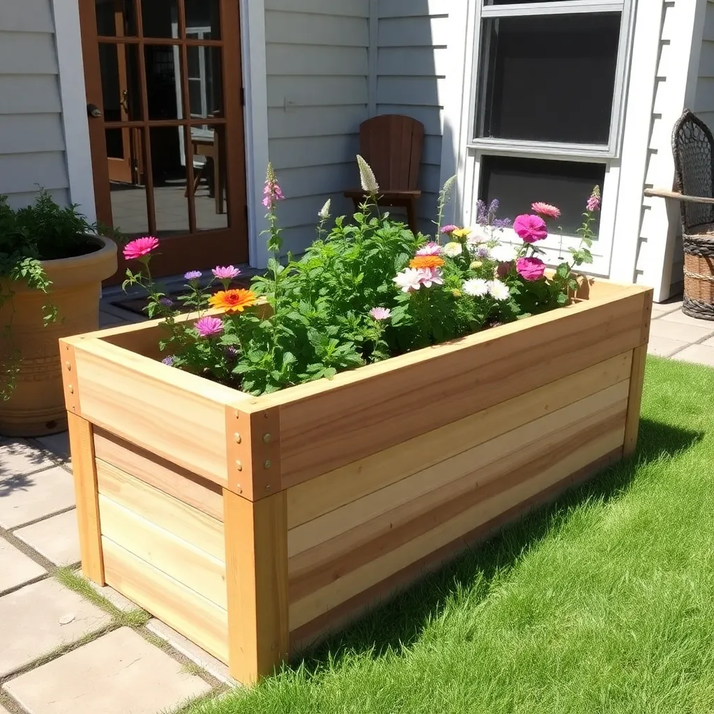 DIY cedar planter box with herbs and flowers on a sunny patio