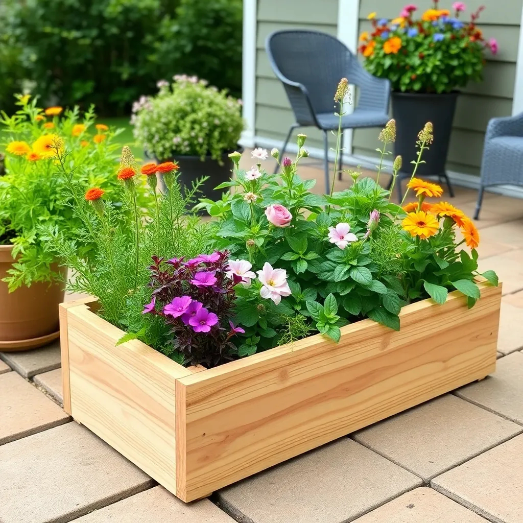DIY cedar planter box with herbs and flowers on a patio