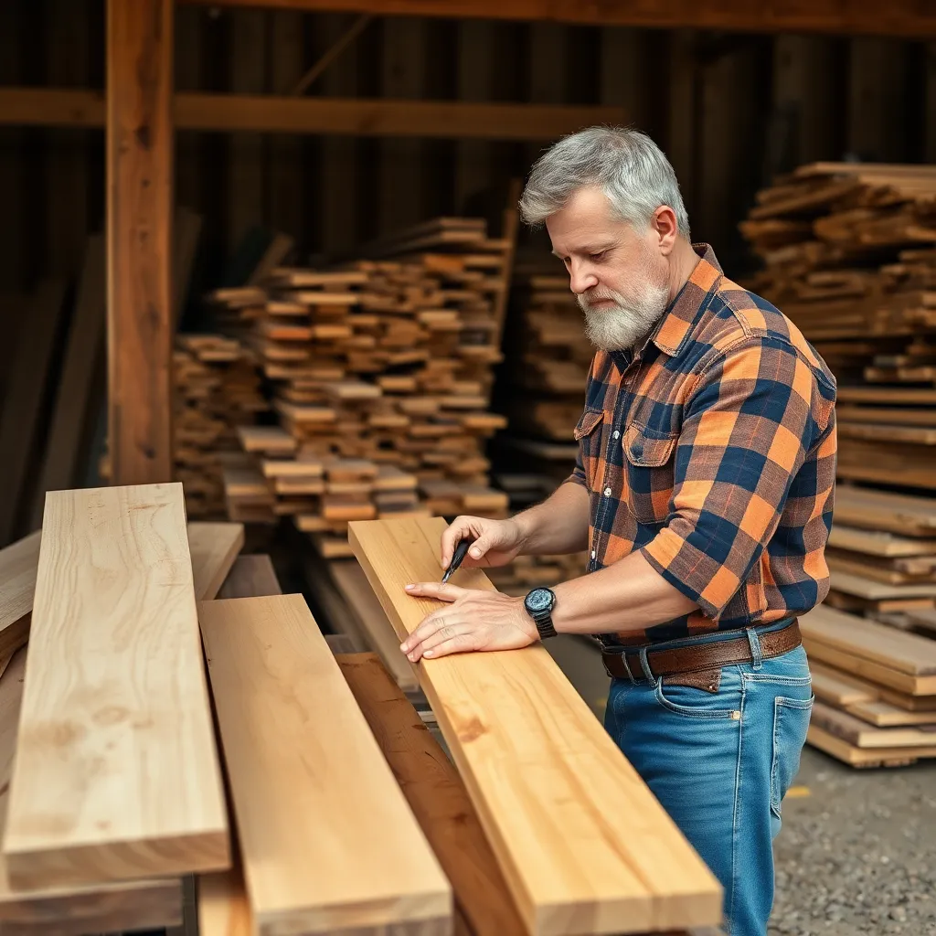 Woodworker selecting cedar heartwood boards at a lumber yard