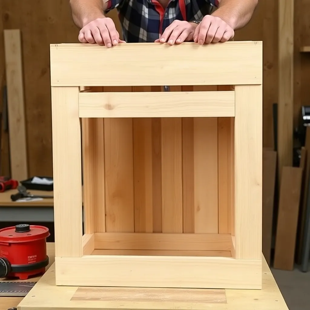 Assembling cedar planter box panels upside down on a workbench