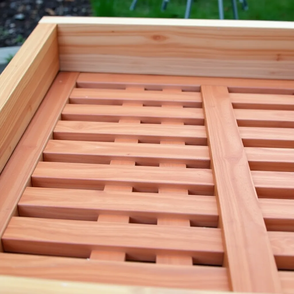 Cedar planter box bottom slats installed with drainage gaps