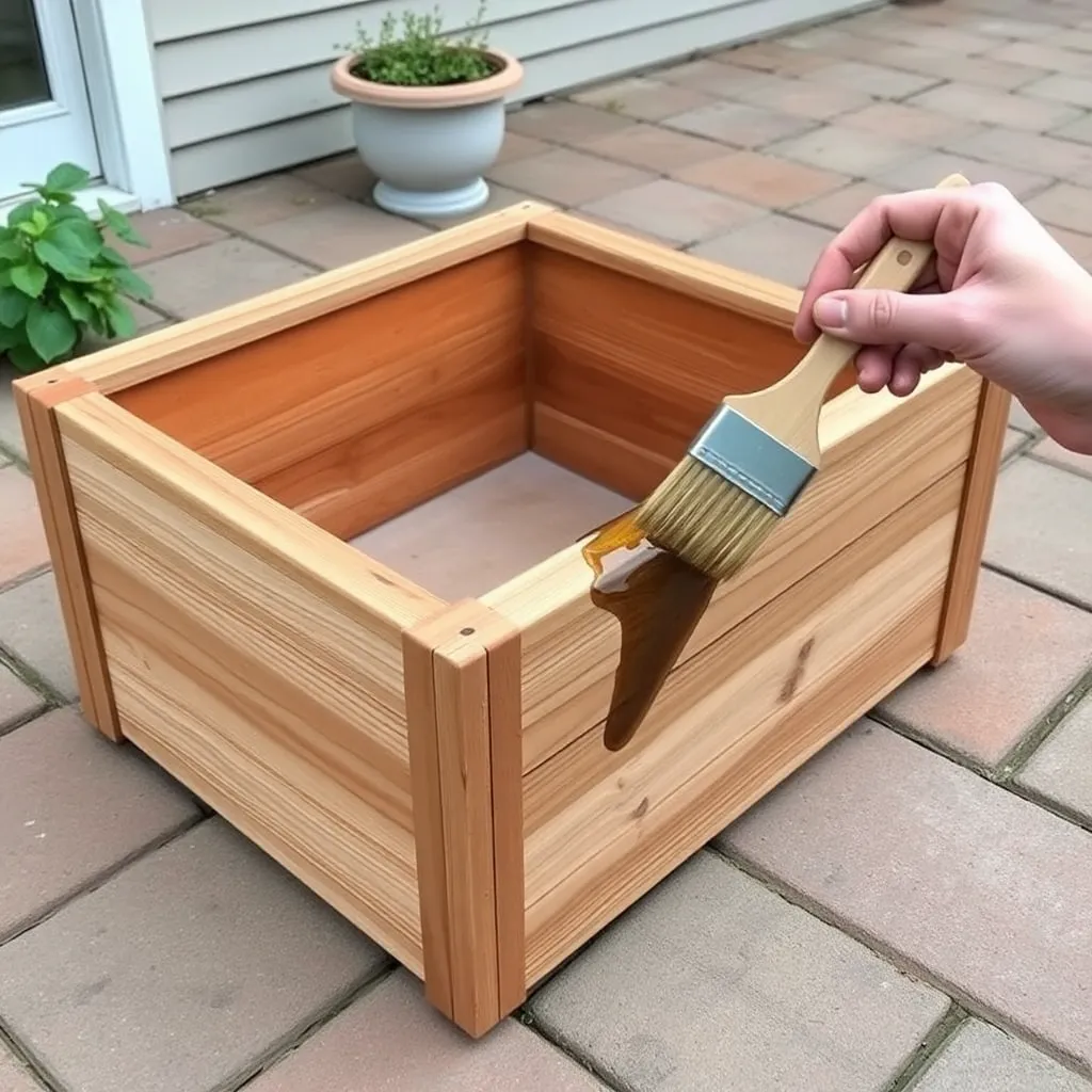 Applying penetrating oil finish to a completed cedar planter box on a patio