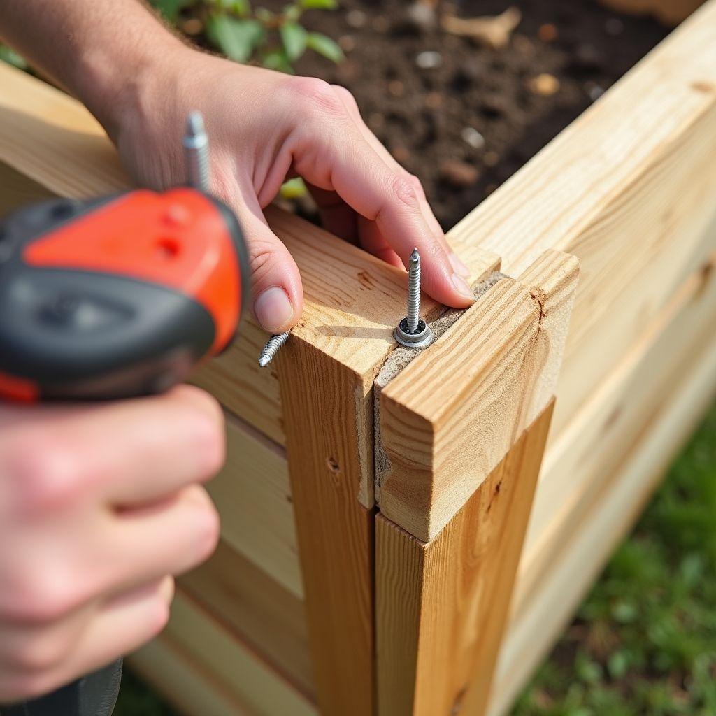Assembling cedar raised garden bed corner joint with stainless steel deck screws