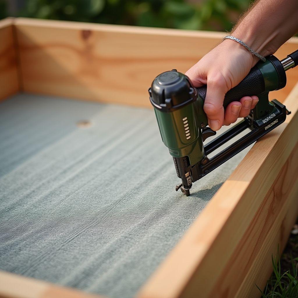 Stapling galvanized hardware cloth to bottom of cedar raised garden bed for pest prevention