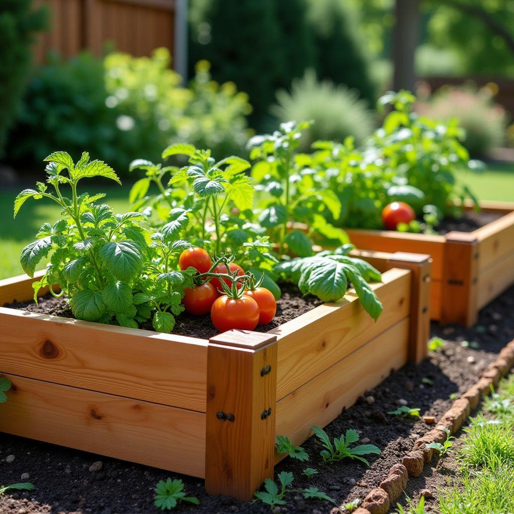 Beautiful cedar raised garden bed with vegetables in a sunny backyard