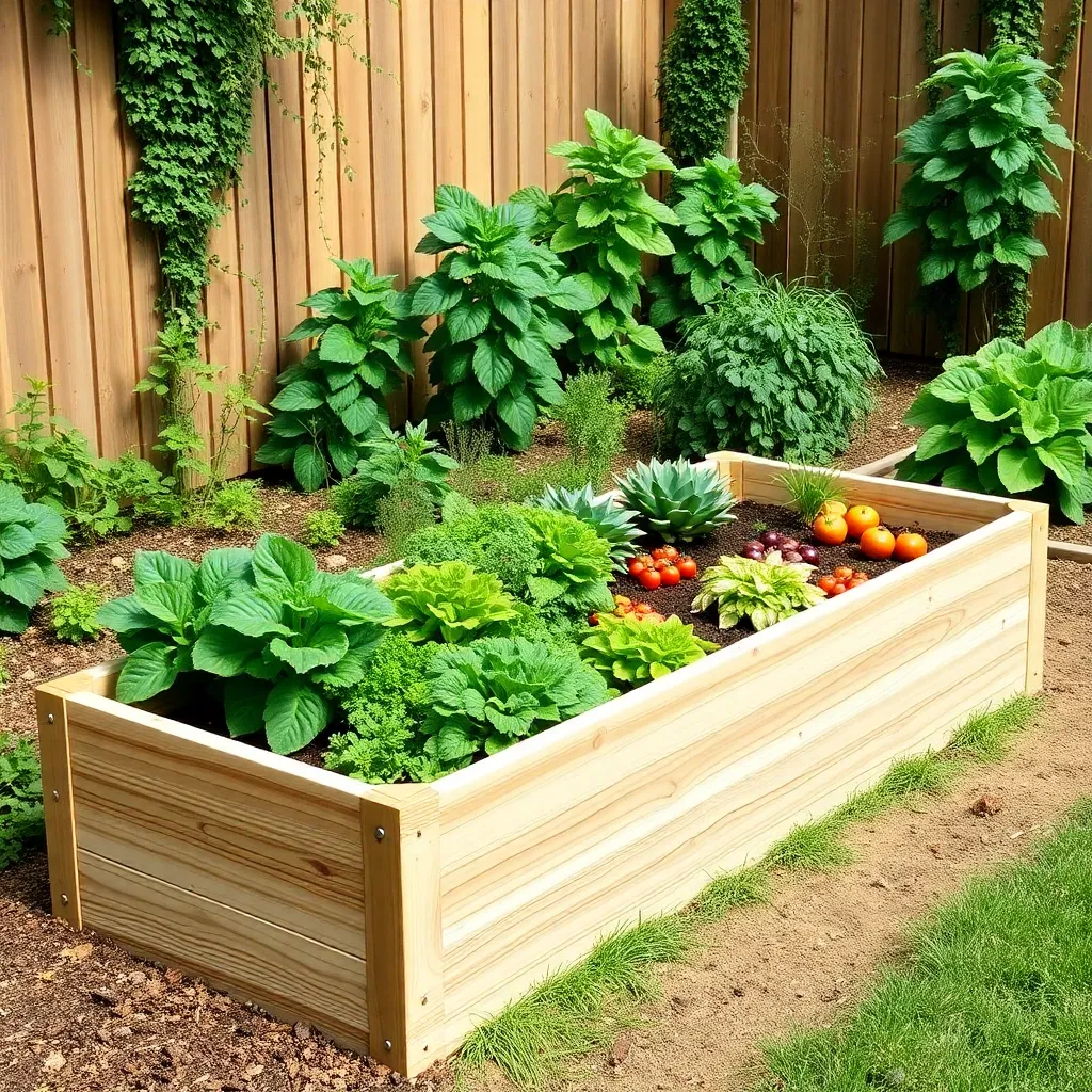 DIY cedar raised garden bed full of vegetables in a backyard