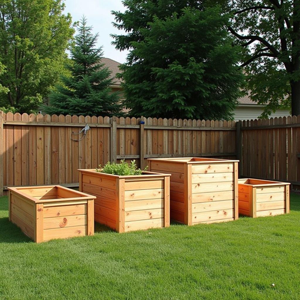 Four sizes of cedar raised garden beds: standard 4x8, tall accessible, square flower bed, and small planter box