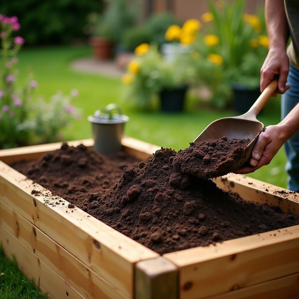 Filling a cedar raised garden bed with rich compost soil mix