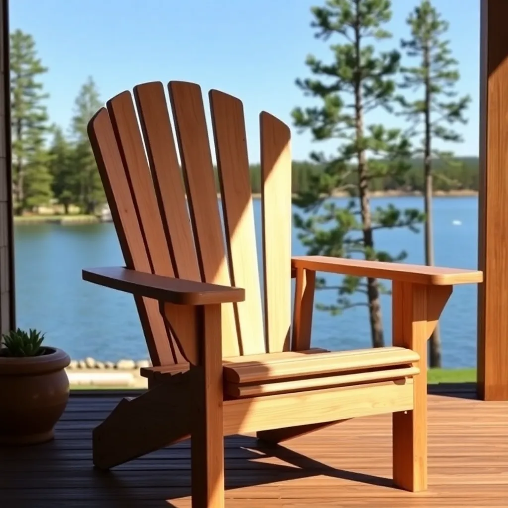 Beautiful classic cedar Adirondack chair with fan back on sunny lakeside porch with lake and pine trees