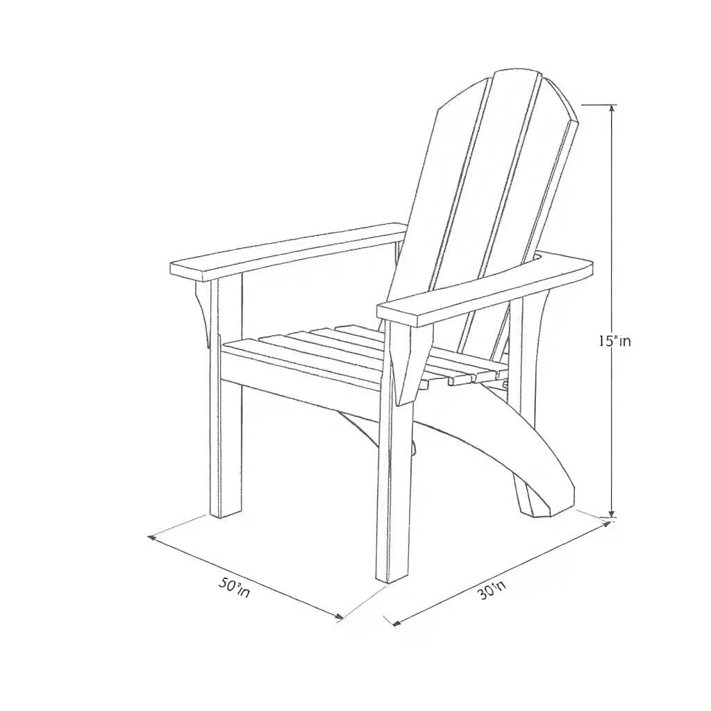 Technical blueprint of Adirondack chair showing 15-degree seat angle 30-degree back angle with dimensions