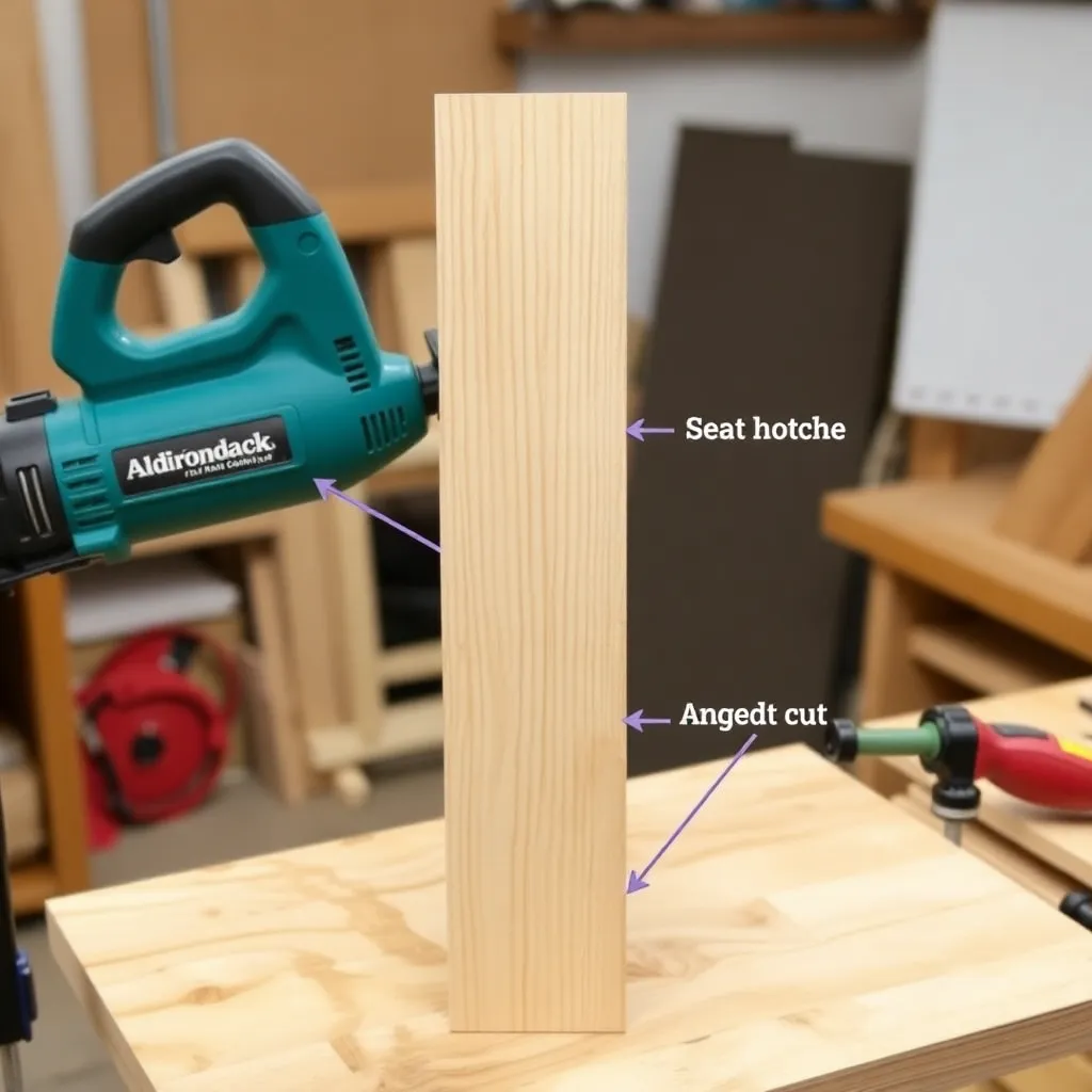 Cedar 1x6 Adirondack rear leg being cut with jigsaw showing seat notch and angled top