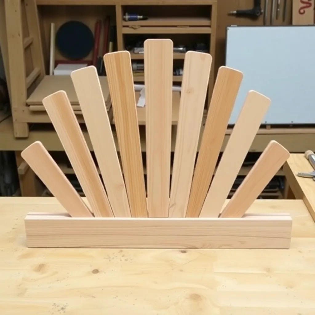 Seven cedar back slats being assembled in fan pattern with center tallest on bottom rail
