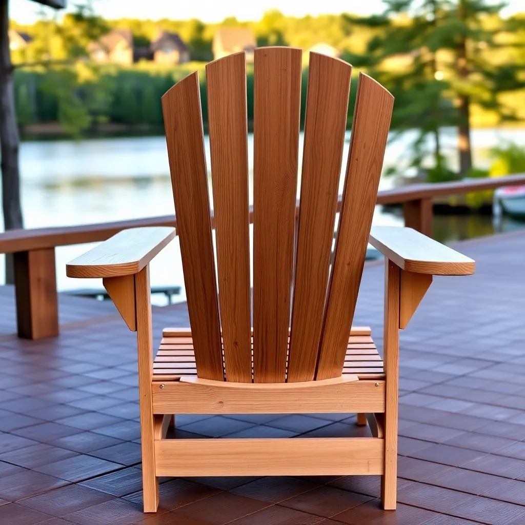 Finished classic cedar Adirondack chair with fan back on lakeside deck with natural stain