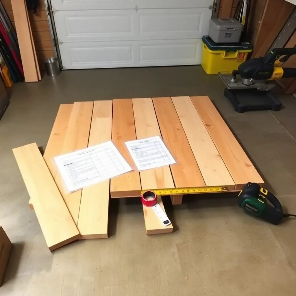 Pressure-treated lumber and tools laid out on a garage floor for building a classic picnic table