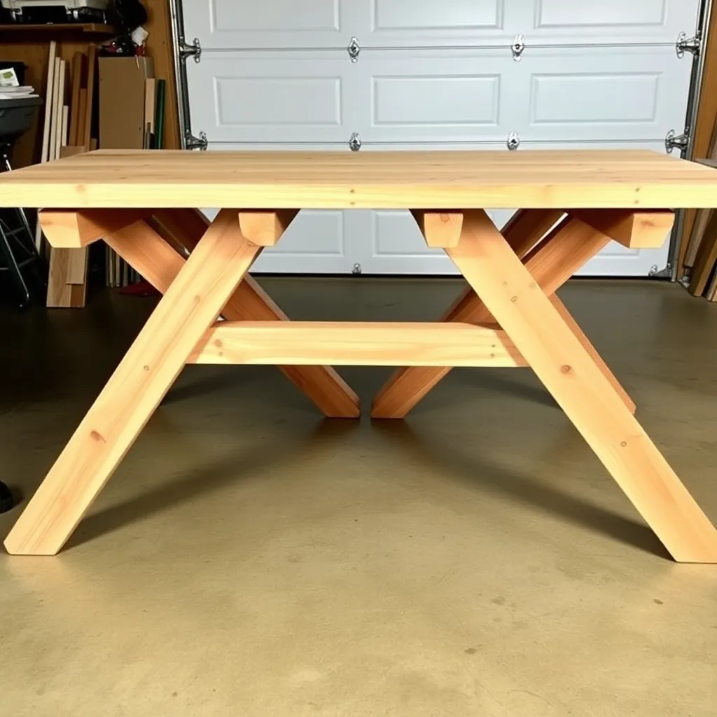 Two X-frame leg assemblies for a DIY picnic table with carriage bolts and bench braces