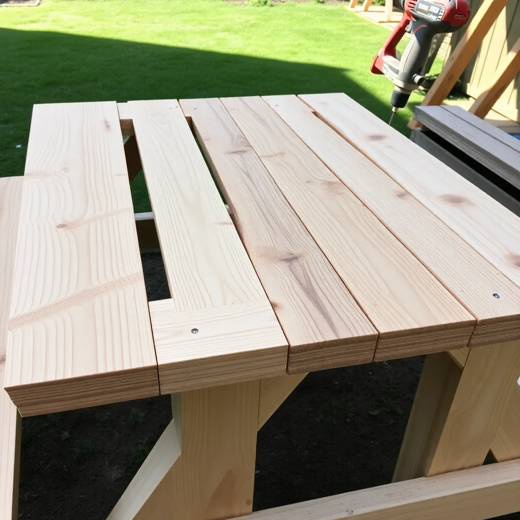 Installing five 2x6 tabletop boards with half-inch spacing gaps on a picnic table frame