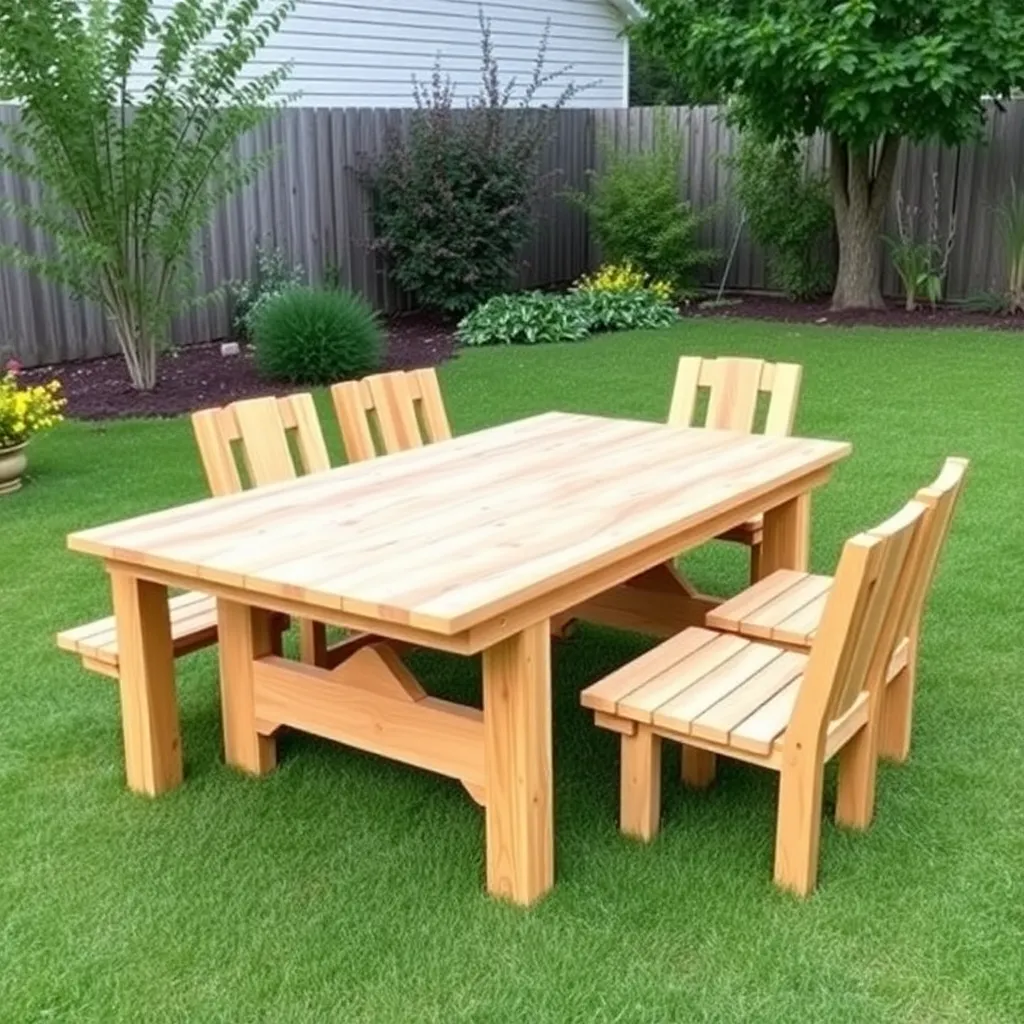 Finished classic rectangular DIY picnic table from pressure-treated lumber in a backyard garden