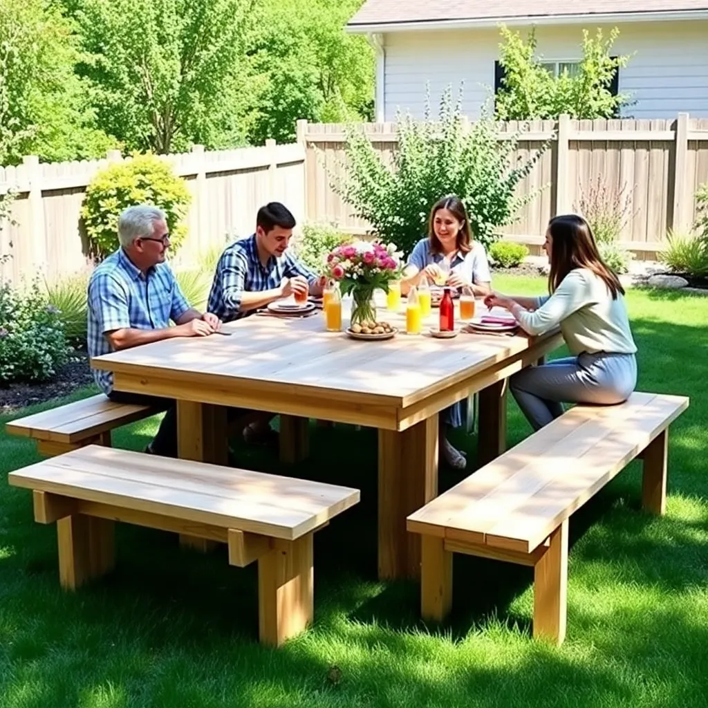 Beautiful classic rectangular DIY picnic table with attached benches, family enjoying a meal in a sunny backyard