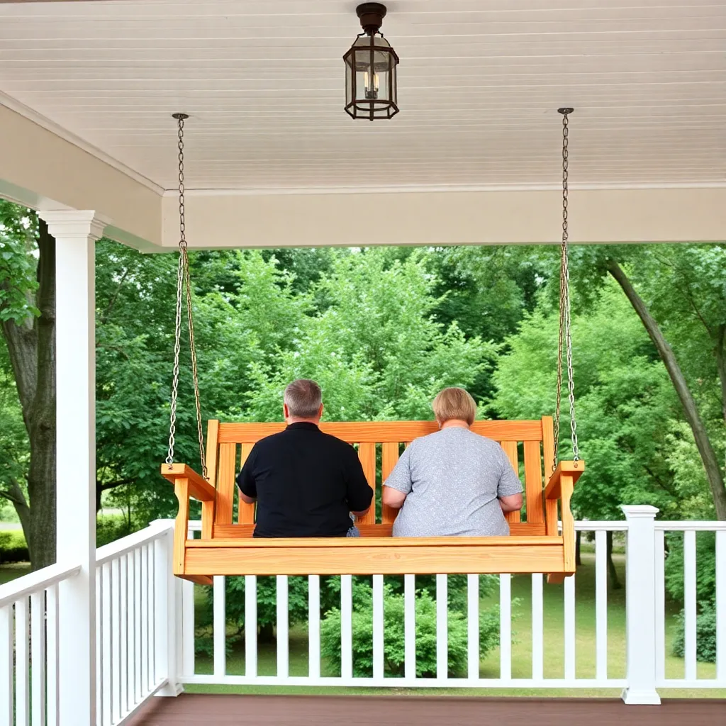 Beautiful classic cedar slat-back porch swing hanging from covered porch ceiling with two adults seated